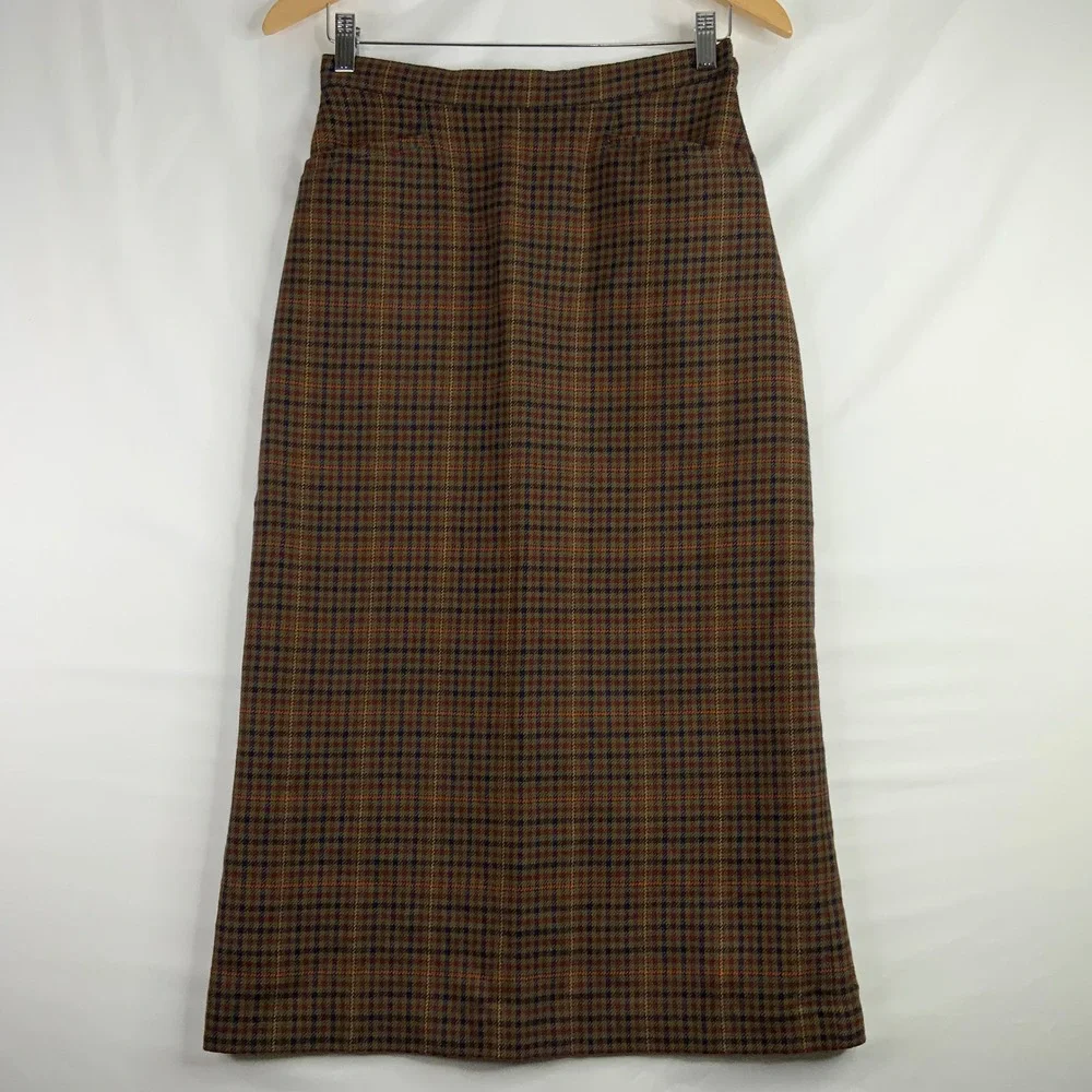 Vintage Benetton Brown Plaid Midi Pencil Skirt Size 44 Styled in Europe
